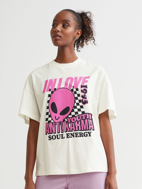 

H&M Women White Printed Oversized Cotton T-shirt