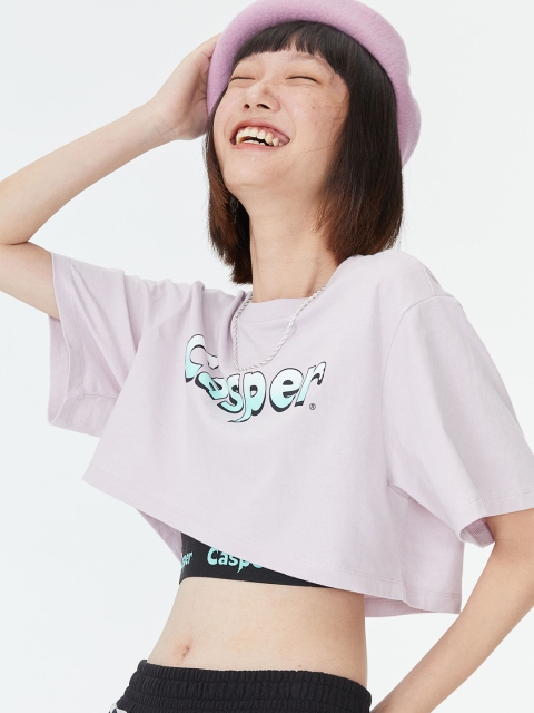

H&M Women Purple Printed Cotton Boxy Cropped T-shirt