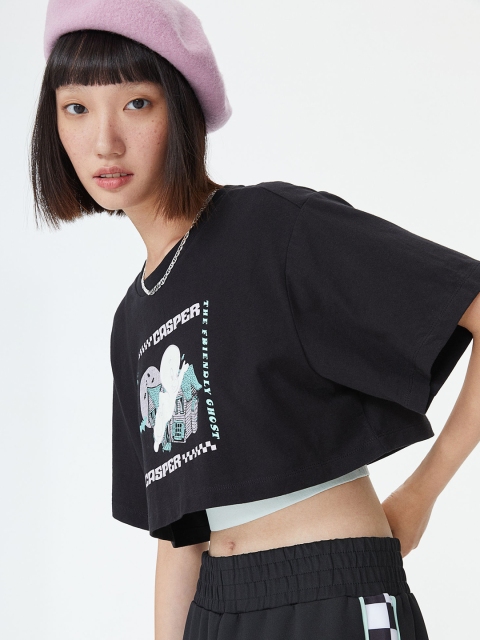 

H&M Women Black Printed Cotton Boxy Cropped T-shirt