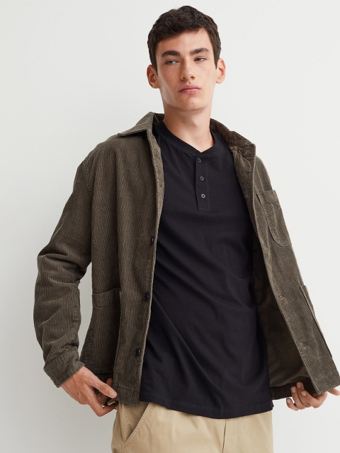 

H&M Men Black Solid Regular Fit Henley Cotton T-shirt