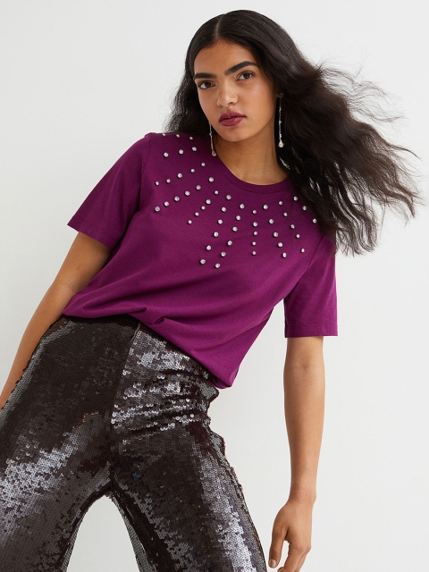 

H&M Women Purple Rhinestone-Detail Embellished T-shirt
