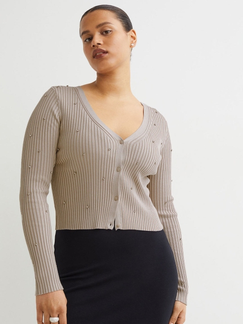 

H&M Women Beige Rhinestone-Embellished Ribbed Cardigan