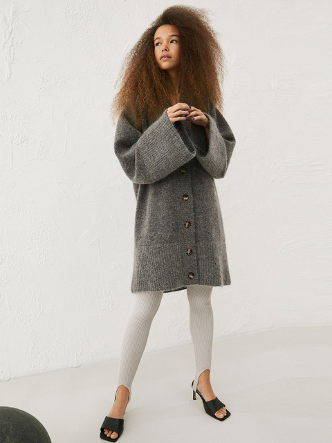 

H&M Women Grey Solid Fuzzy Long Wool-Blend Cardigan