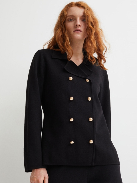 

H&M Women Black Solid Double-Breasted Cardigan