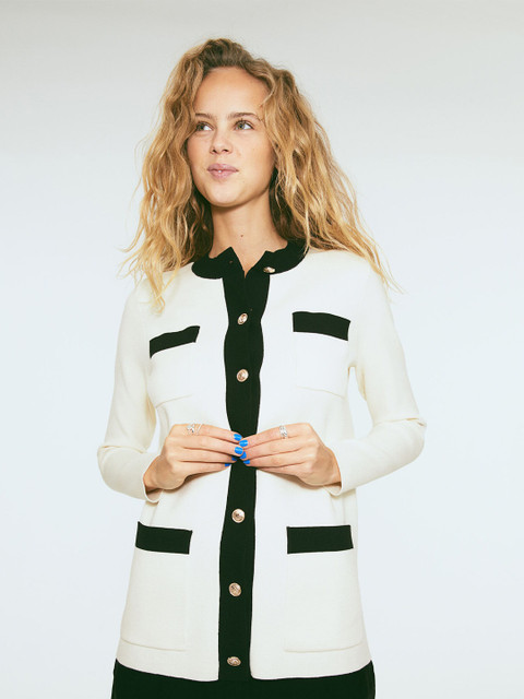 

H&M Women White & Black Pocket-Detail Knitted Cardigan