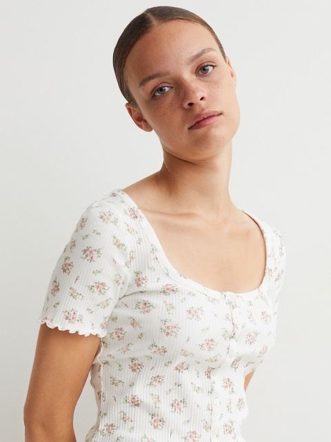 

H&M Women White Floral Rib-Knit Crop Cardigan