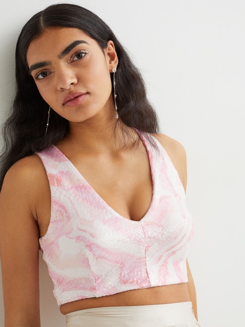 

H&M Women Pink & White Sequined V-Neck Top