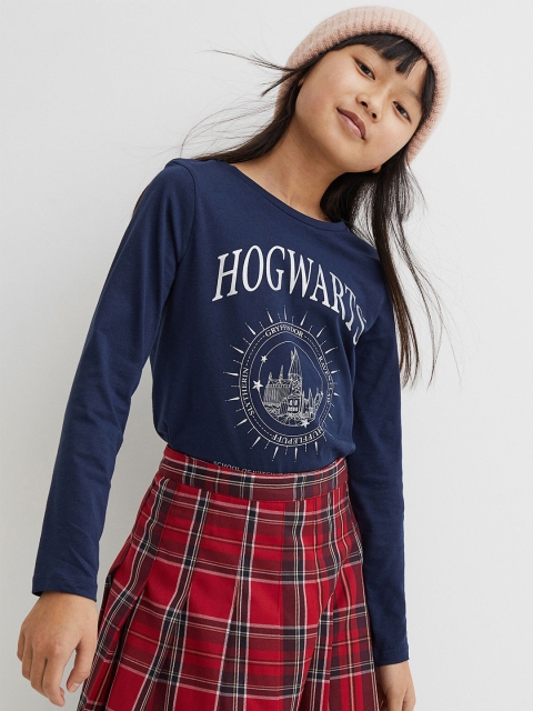 

H&M Women Navy Blue Printed Jersey Cotton Top