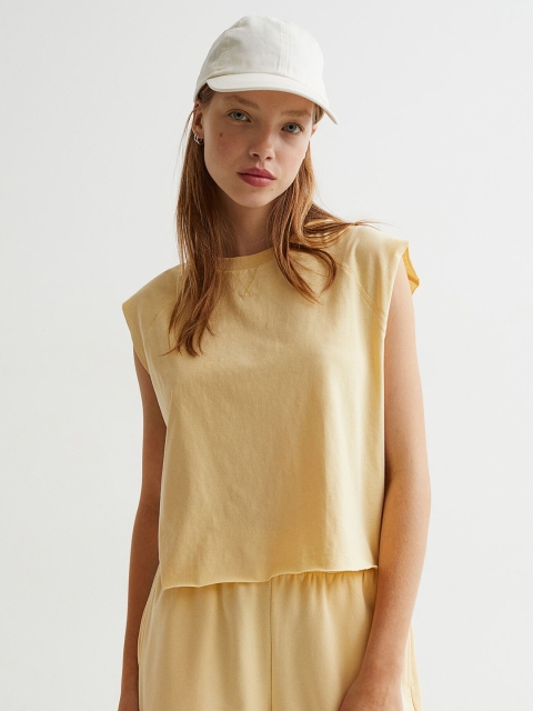 

H&M Women Yellow Solid Cropped Vest Cotton Top