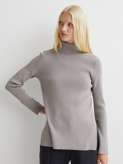 

H&M Women Grey Rib-Knit Turtleneck Jumper