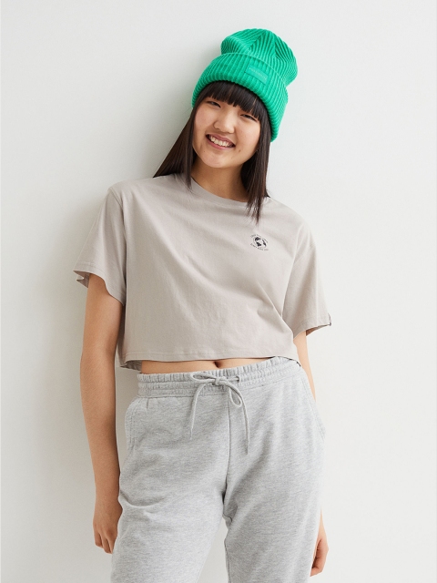 

H&M Women Grey Solid Wide Jersey Cotton Top