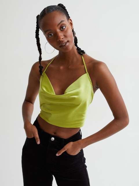 

H&M Women Green Solid Satin Cropped Top