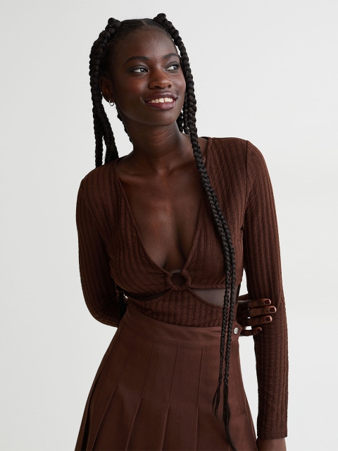 

H&M Women Brown Self-Striped Cut-Out Top