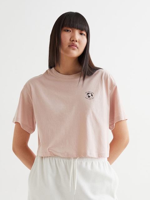 

H&M Women Pink Solid Wide Jersey Cotton Crop Top