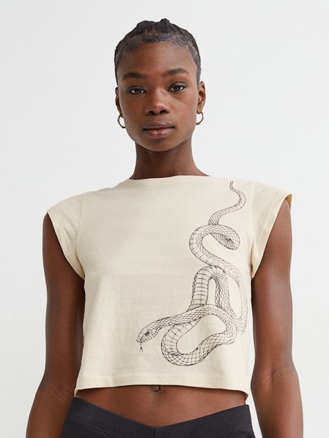 

H&M Women Beige Printed Short-Sleeved Cotton Crop Top