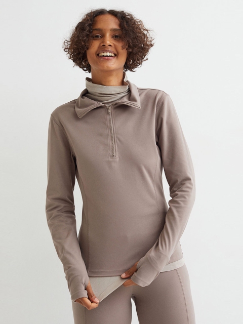 

H&M Women Beige Solid THERMOLITE Half-zip top With Thumbholes