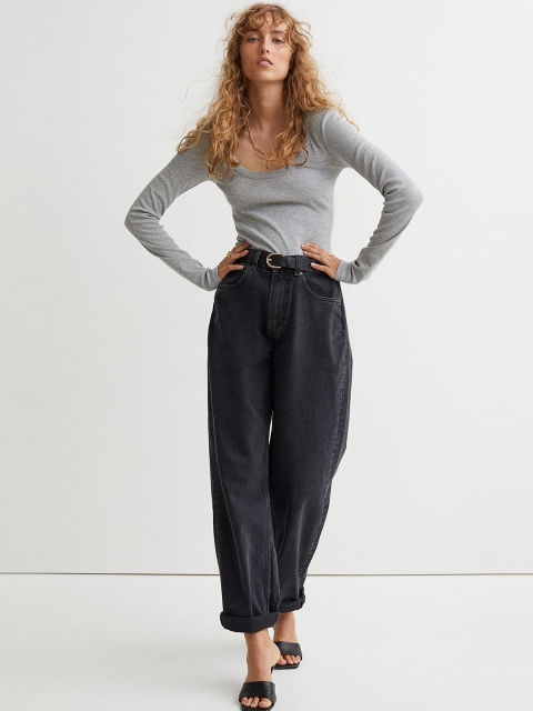 

H&M Women Grey Solid Scoop Neck Ribbed top