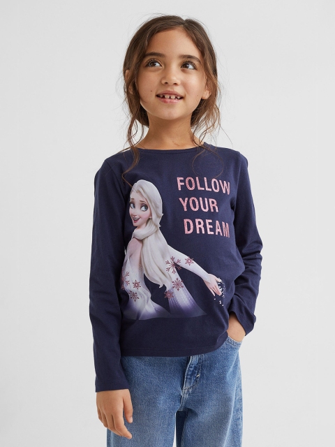 

H&M Girls Pack Of 2 Navy Blue & Lavender Graphic Printed Pure Cotton Tops