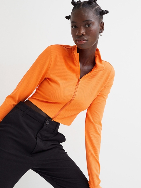 

H&M Women Orange Solid High Neck Zip-Through Top With Thumhole
