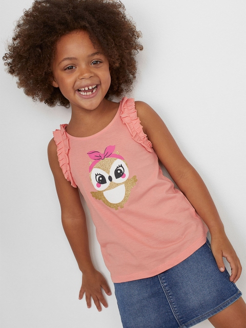 

H&M Girls Peach- Coloured Printed Frill-Trimmed Sleeves Pure Cotton Vest top