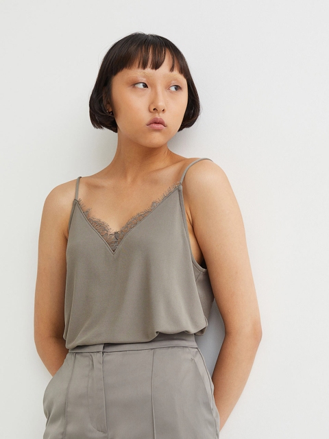 

H&M Women Grey Solid Shoulder Strap Lace-Trimmed Cami top