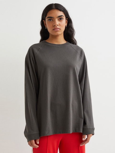 

H&M Women Grey Solid Round Neck Drop Sleeves Oversized Pure Cotton Top