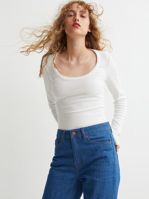 

H&M Women White Scoop Neck Ribbed Top