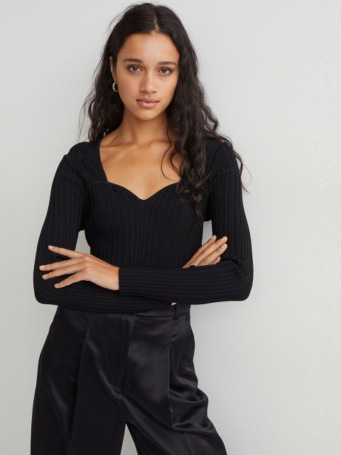 

H&M Women Black Solid Sweatheart Neck Rib-Knit Top