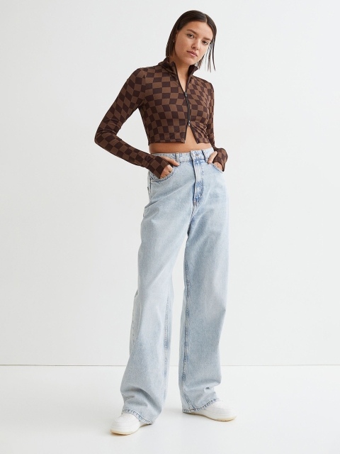 

H&M Women Brown Checked Zip-Through Crop Top With Thumhole