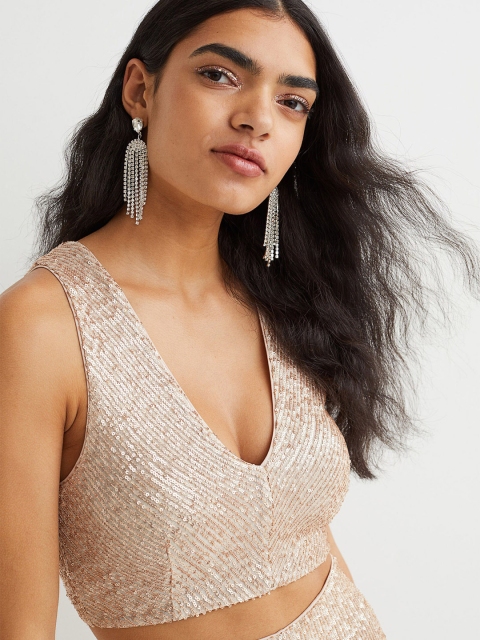 

H&M Women Gold -Toned Sequined V-Neck Party top