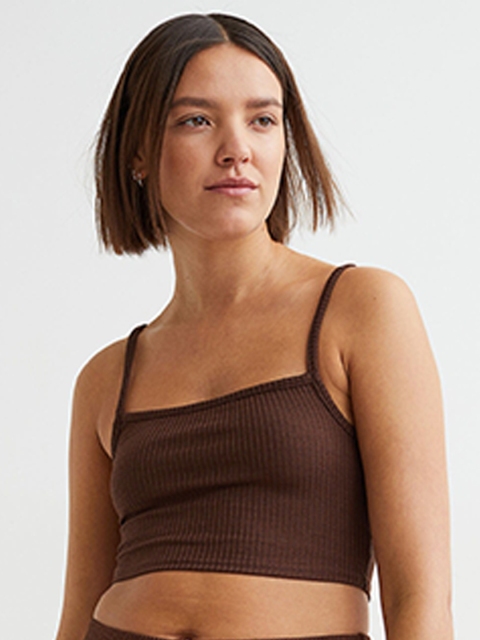 

H&M Women Brown Shoulder Strap Ribbed Crop Top