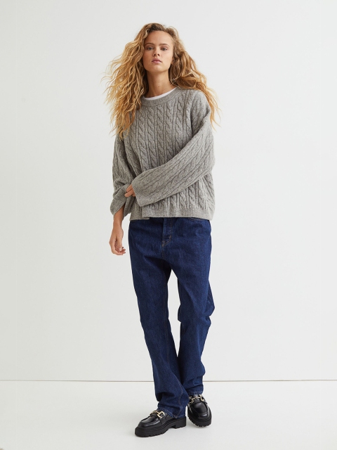 

H&M Women Grey Cable-Knit Round Neck Pumper
