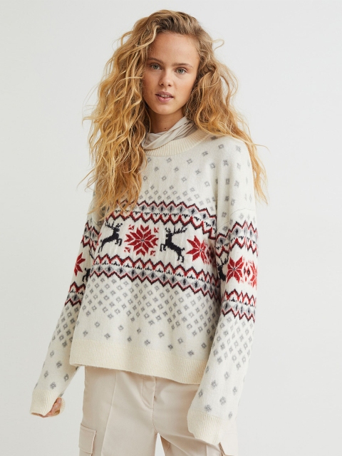 

H&M Women White & Blue Printed Jacquard Knit Jumper