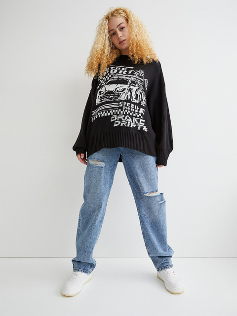 

H&M Women Black & White Printed Jacquard-Knit Jumper