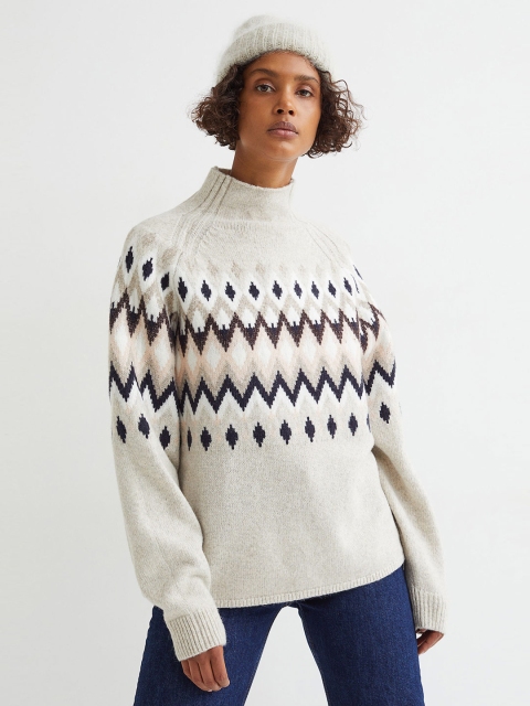

H&M Woen Beige Printed Jacquard Knitted Jumper