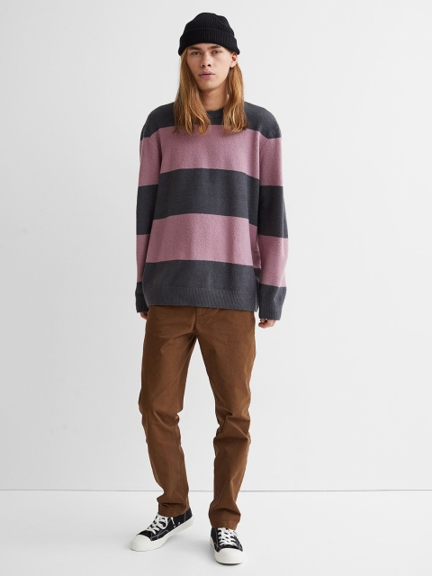 

H&M Women Grey & Pink Striped Relaxed Fit Wool Blended Jumper