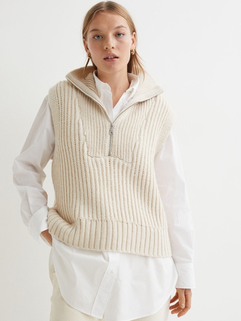 

H&M Women White Collared Ribbed Knitted Sweater Vest