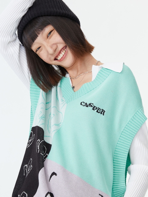 

H&M Women Green Printed Oversized Sweater Vest