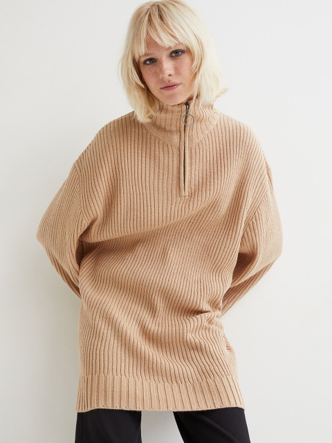 

H&M Women Beige Zip Top Ribbed Knitted Jumper