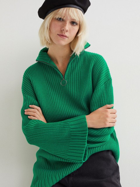

H&M Women Green Zip-top rib-knit jumper