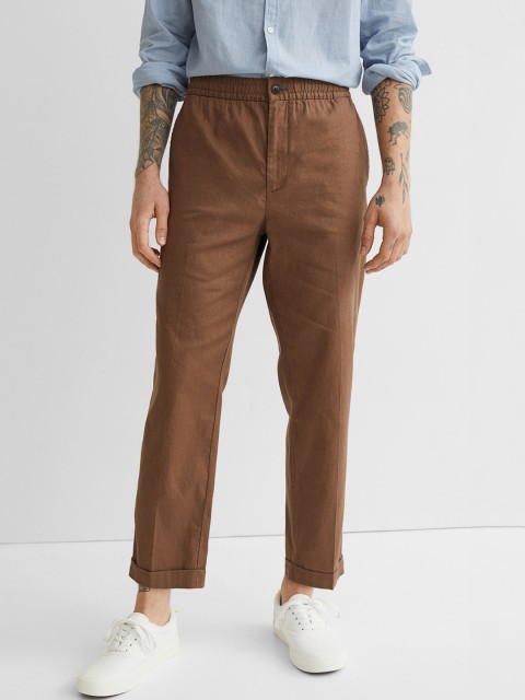 

H&M Men Regular Fit Linen-Blend Joggers, Brown