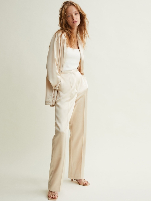 

H&M Women Beige Solid Crease-Leg Straight Satin Trousers