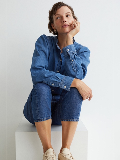 

H&M Women Blue Frill-collared denim blouse