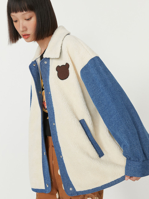 

H&M Women White & Blue Colourblocked Appliqud Oversized Faux Shearling Jacket