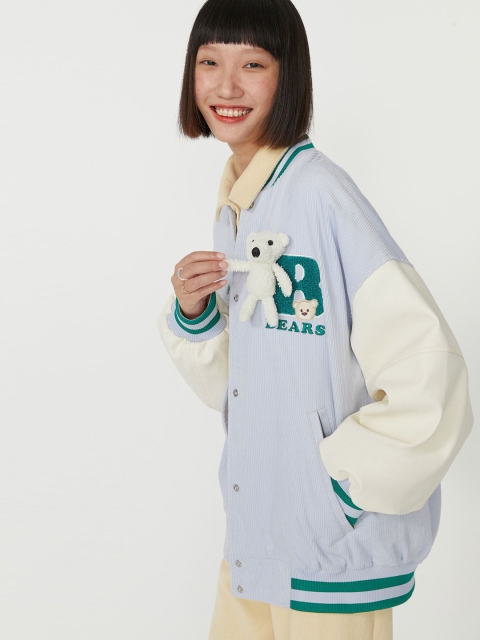 

H&M Women Blue & Off White Pure Cotton Oversized Baseball Jacket