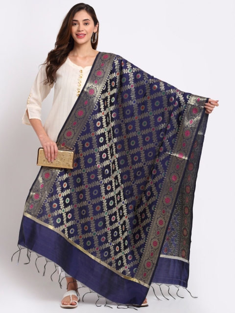 

LOOM LEGACY Navy Blue & Red Ethnic Motifs Woven Design Dupatta with Zari