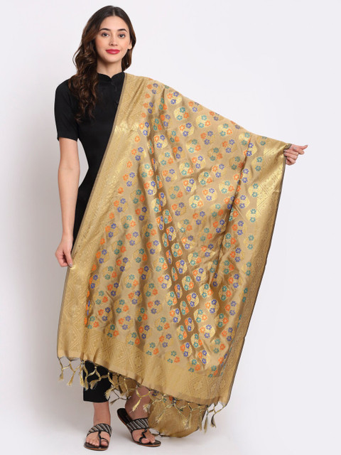

LOOM LEGACY Gold-Toned & Orange Ethnic Motifs Woven Design Dupatta with Zari