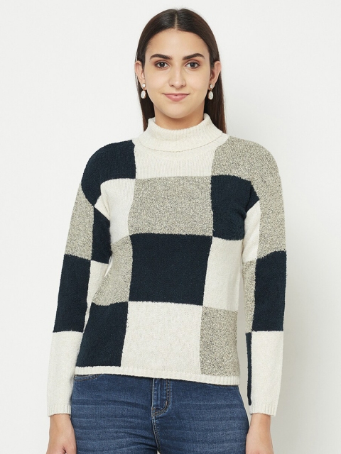 

METTLE Women Cream-Coloured & Black Checked Acrylic Pullover