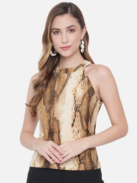 

Orchid Blues Women Brown & Beige Animal Print Tie-Up Neck Top