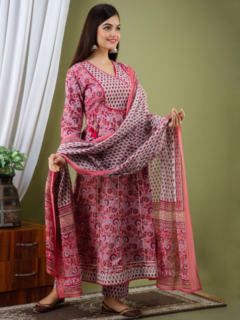 

KALINI Women Magenta Ethnic Motifs Printed Angrakha Aari Work Pure Cotton Kurta with Skirt & With Dupatta